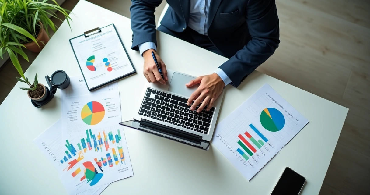 Profissional analisando relatórios gráficos de ABM em notebook
