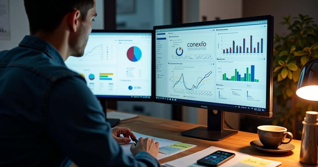 Pessoa analisando métricas em dois monitores no escritório 
