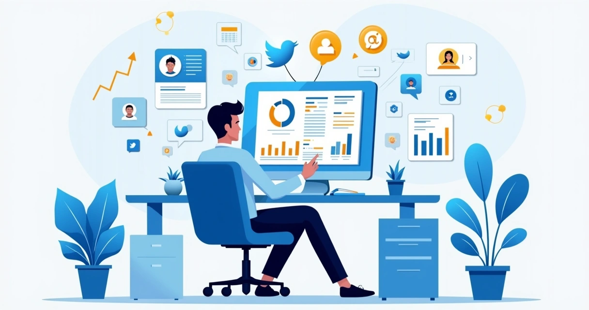 Profissional analisando dados de menções em redes sociais em tela de computador 