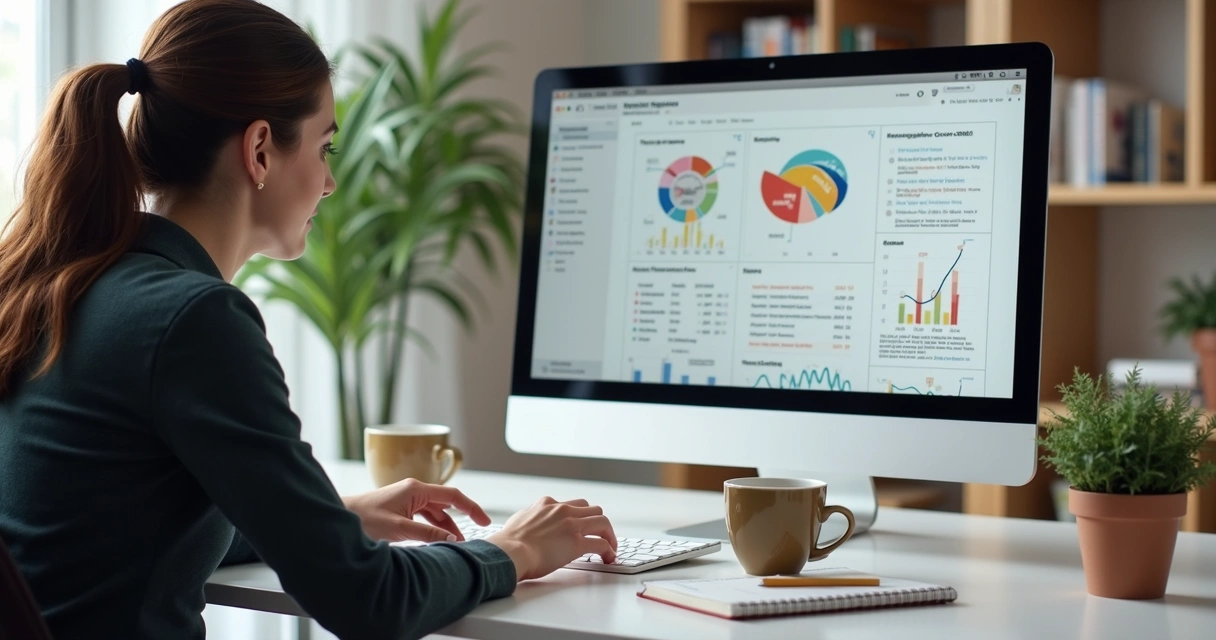 Pessoa sentada à mesa analisando gráficos em notebook 