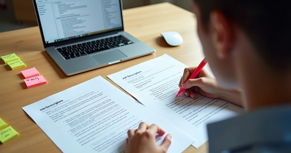 Pessoa sublinhando palavras-chave em uma descrição de vaga 