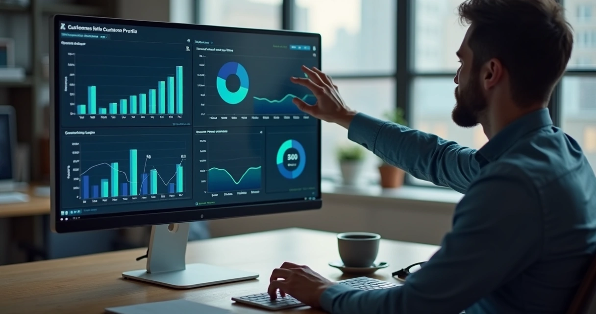 Pessoa analisa gráficos de perfis de clientes na tela do computador 