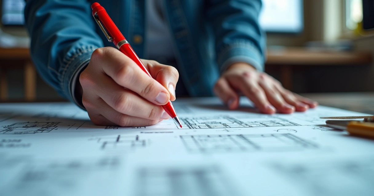 Análise detalhada de plantas de engenharia civil em mesa de escritório 