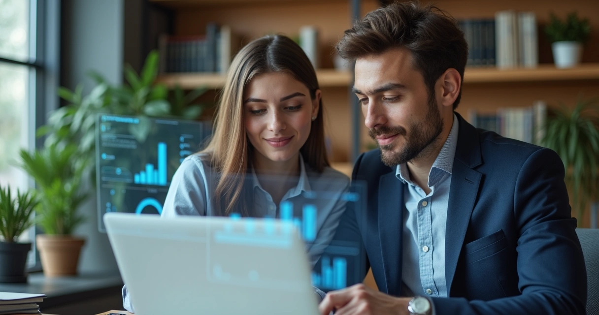 Gestor analisando progresso de estagiário em laptop 