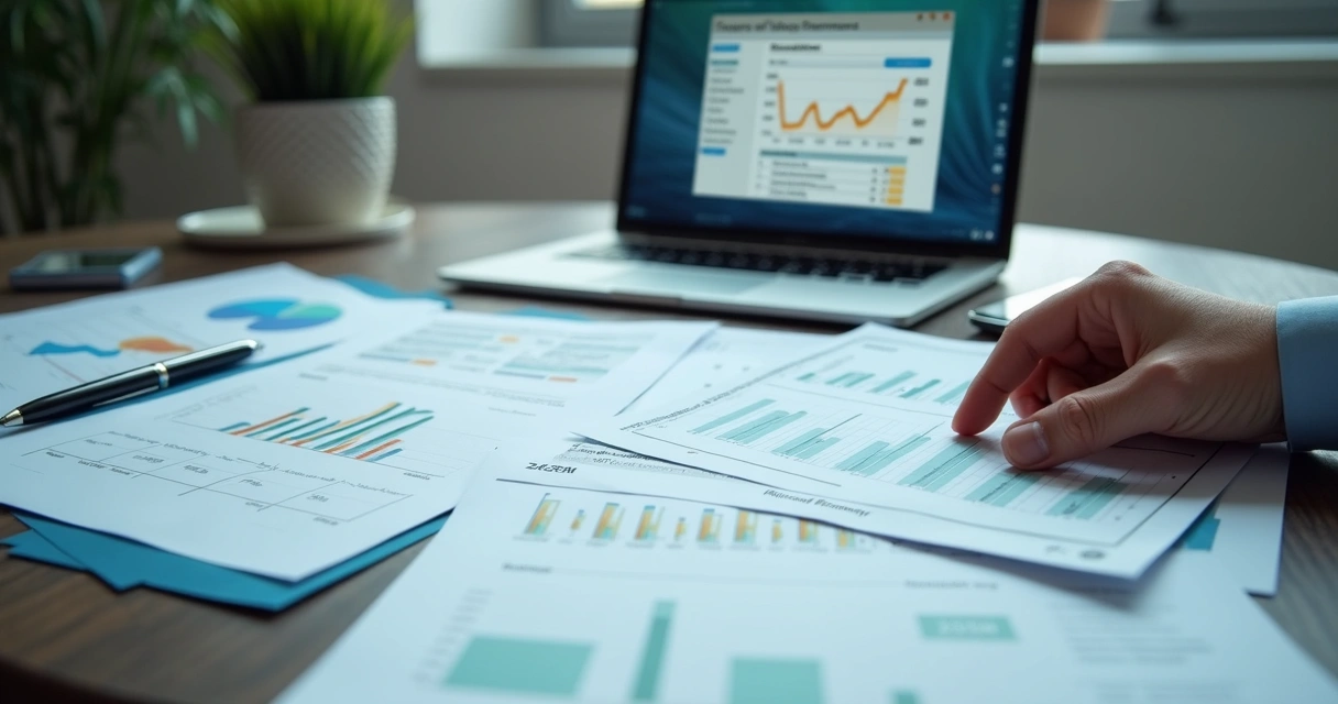 Pessoa revisando proposta de site com gráficos e checklists 