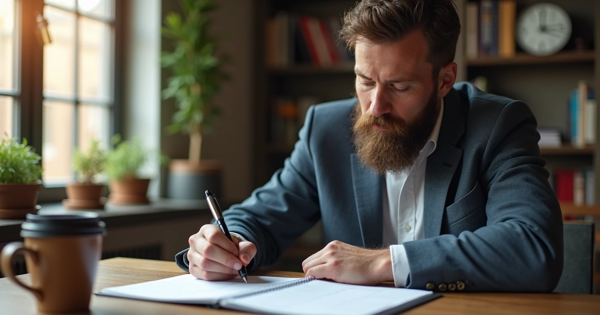 Homem analisando anotações semanais em caderno na mesa de trabalho