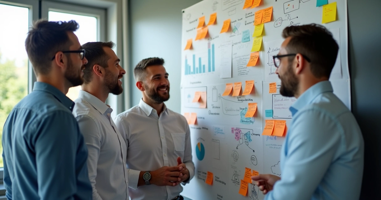 Equipe analisando quadros de anotações e gráficos juntos