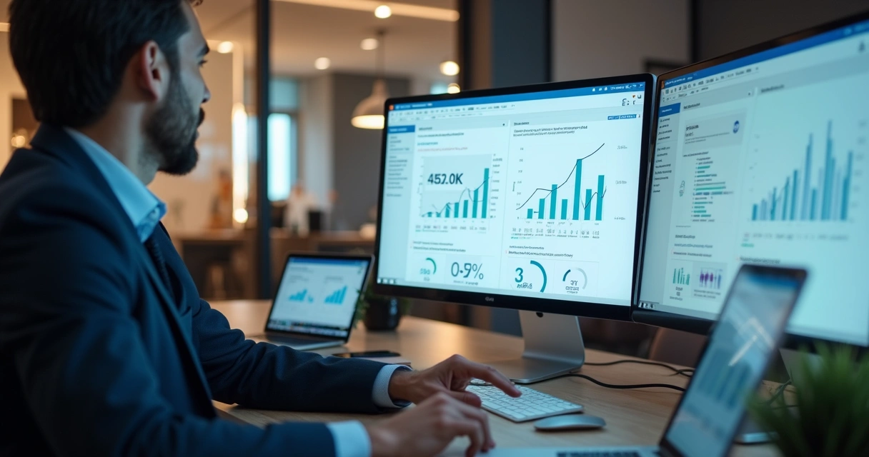 Profissional analisando resultados de mídia em dois monitores