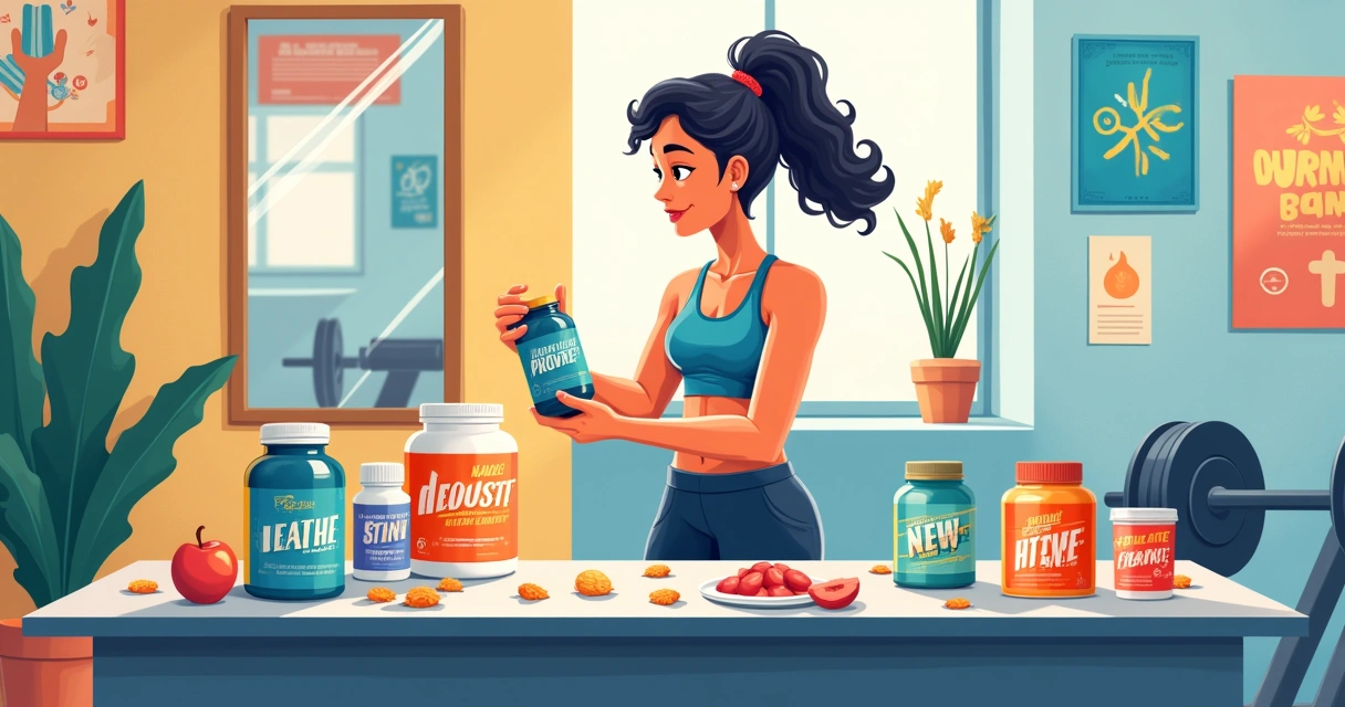 Entusiasta do fitness analisando rótulos de suplementos em uma academia bem iluminada.