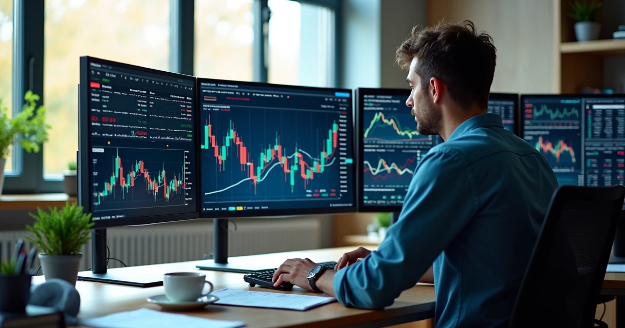 Pessoa analisando gráficos de tendências em monitores 