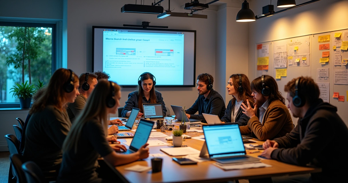 Equipe analisando registros de voz para criar narrativa 