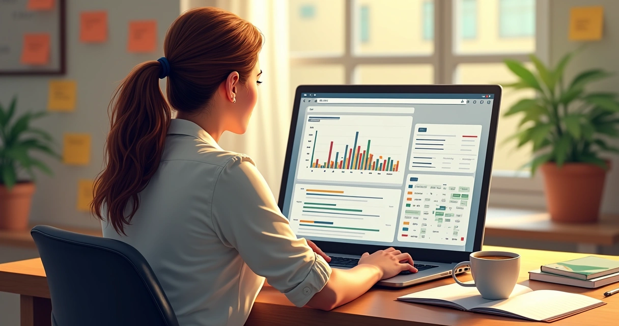 Pessoa usando computador, com gráficos de pesquisa de palavras-chave na tela 