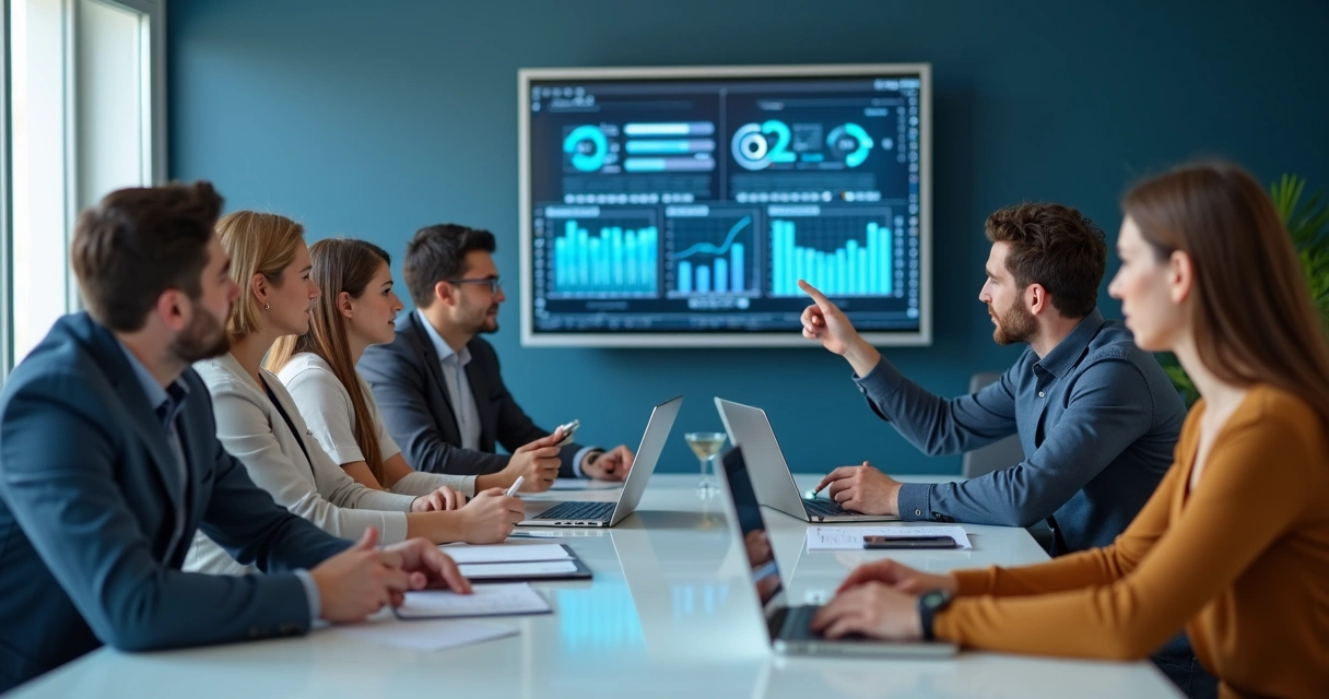 Equipe analisando dados de público em telas grandes 