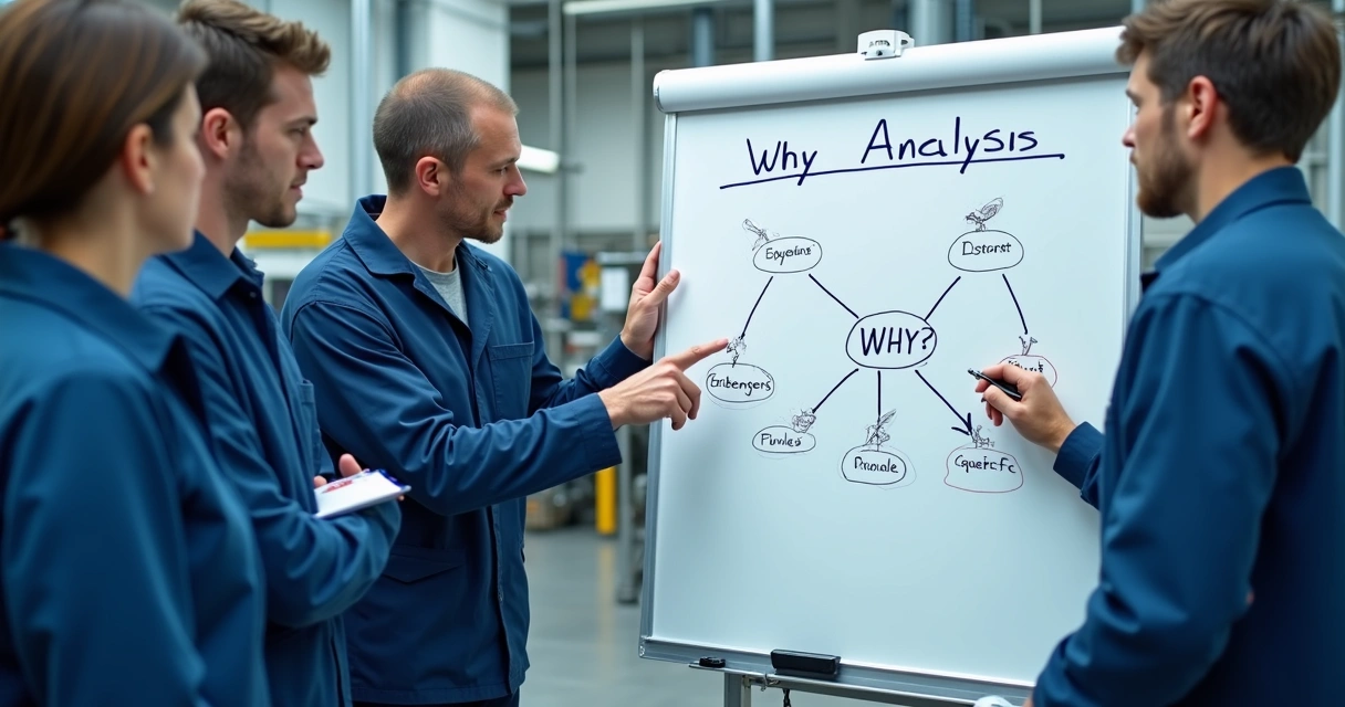 Equipe industrial usando quadro branco para realizar análise dos 5 Porquês em um ambiente fabril 