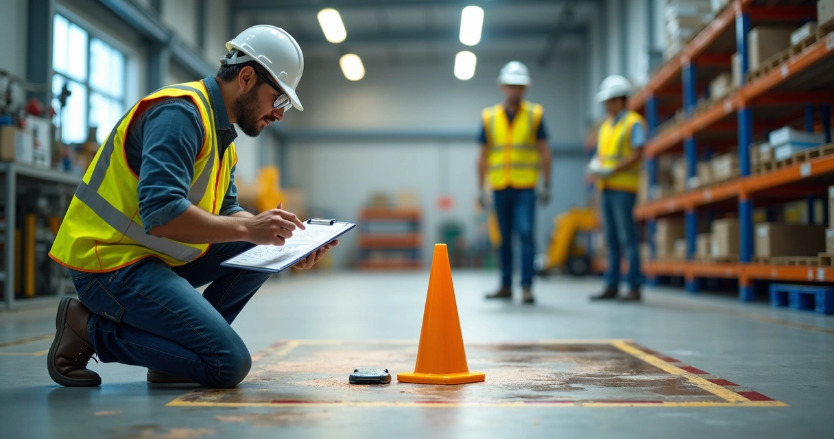 Profissional de segurança analisando acidente de trabalho em chão de fábrica 