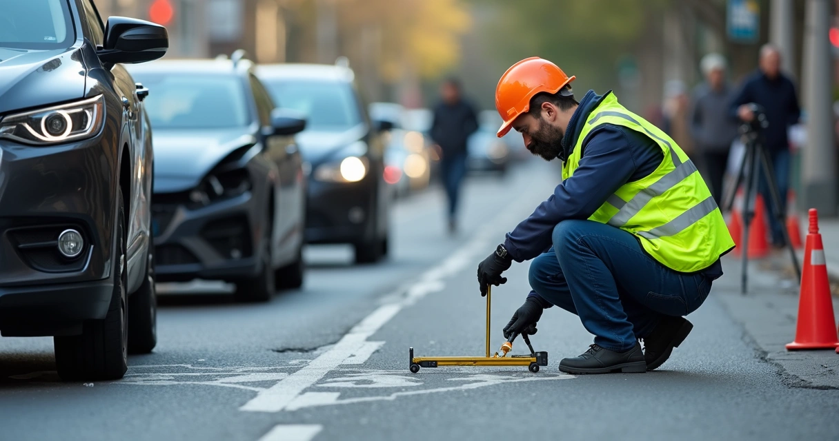 Perito analisando local de acidente de trânsito com equipamentos 