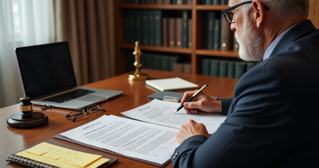 Advogado examinando acórdão e peças recursais para recurso aos tribunais superiores