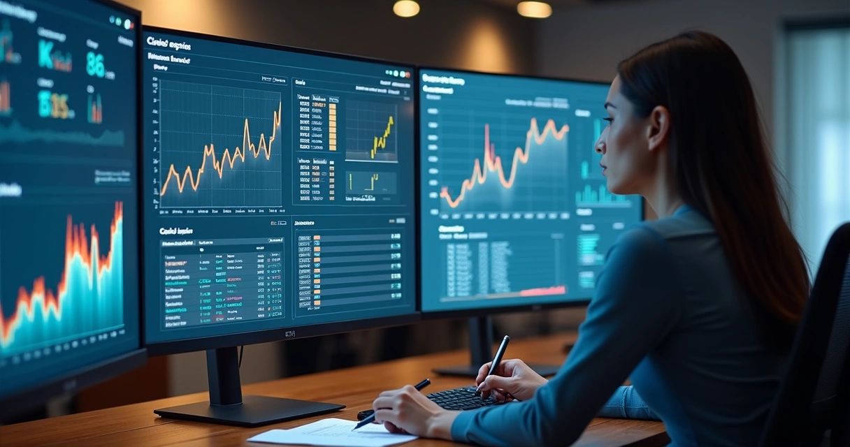 Telas de computador mostrando gráficos de atualização do algoritmo 