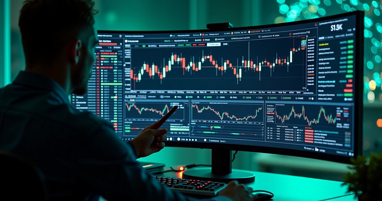 Trader analisando painel com alertas de risco e gráficos de criptomoedas 
