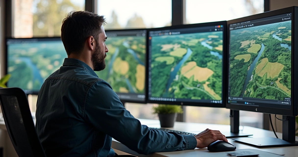 Técnico analisando imagens de ambiente rural no computador 