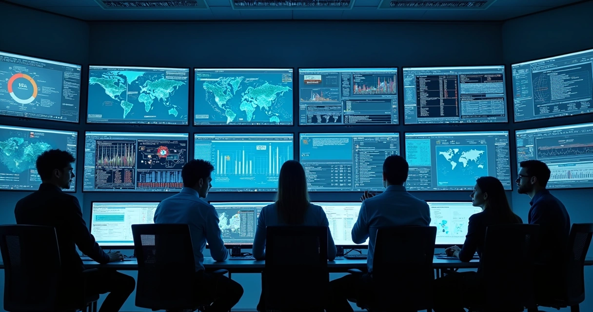 Equipe analisando ameaças digitais em telas com gráficos de segurança 