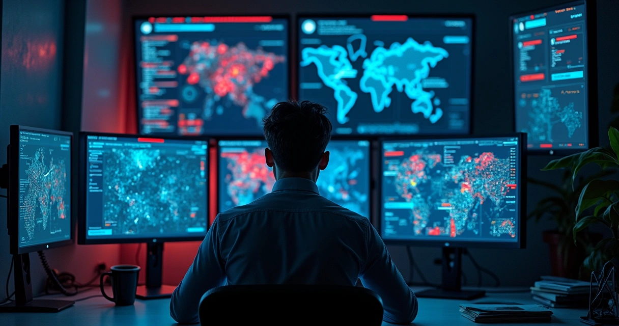 Profissional analisando painéis de risco digital e conexões ameaçadoras
