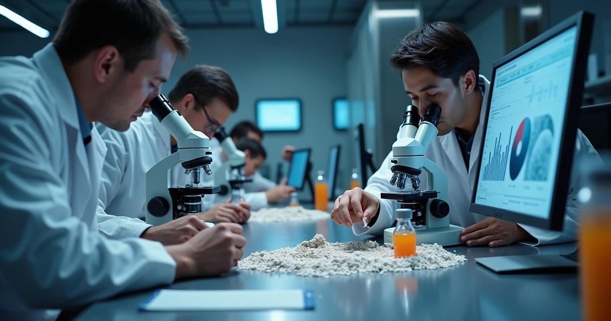 Cientistas analisando amostras lunares com equipamentos avançados 