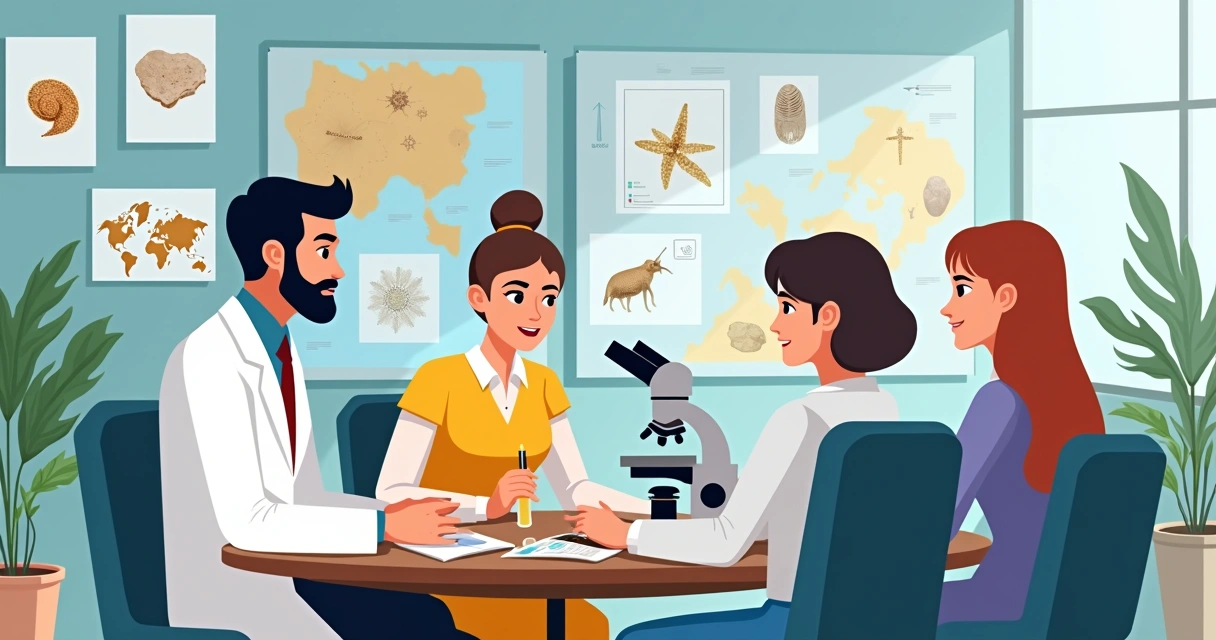 Equipe de cientistas analisando amostras de rochas e microfósseis 