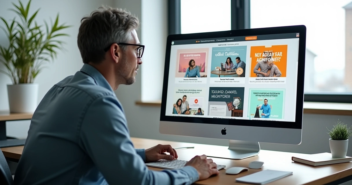 Mentor analisando criativos de anúncios digitais em uma tela de computador 