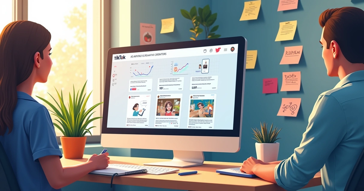 Tela de análise de anúncios do TikTok Creative Center com gráficos e exemplos de vídeos. 