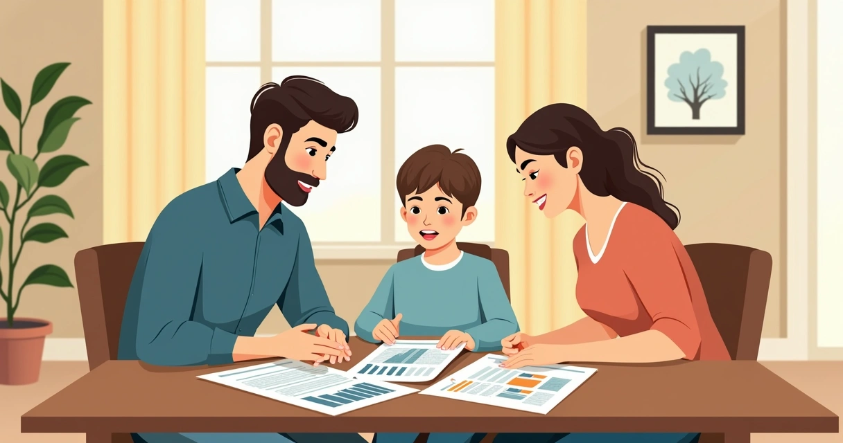 Família com apólice de seguro na mão discutindo proteção financeira em mesa de jantar.