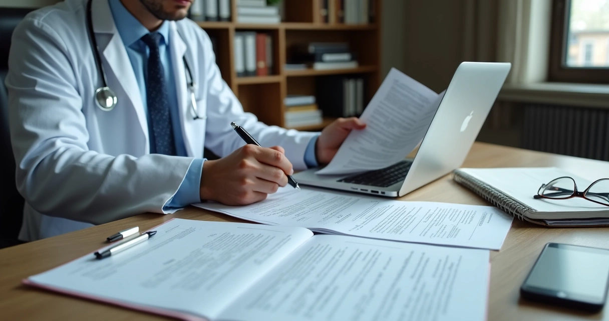 Médico analisando apólice e prontuário em mesa de escritório
