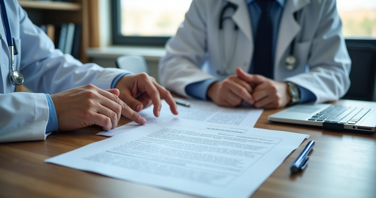 Médico e advogado analisando apólice em mesa de escritório 