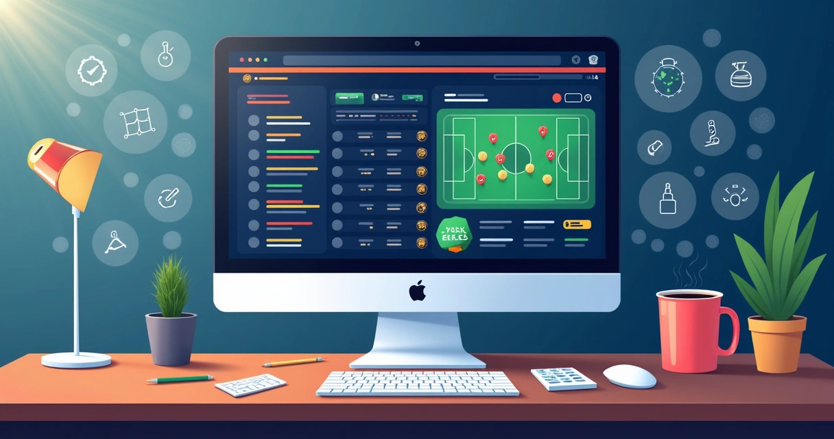 Ilustração de uma tela de computador mostrando gráficos de apostas de futebol e um bot em funcionamento 