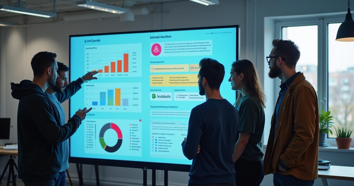 Equipe da Guilds analisando um aplicativo em uma tela grande 