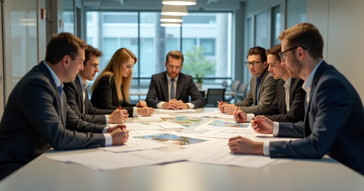 Profissionais analisando propostas de projetos de reciclagem em ambiente de escritório