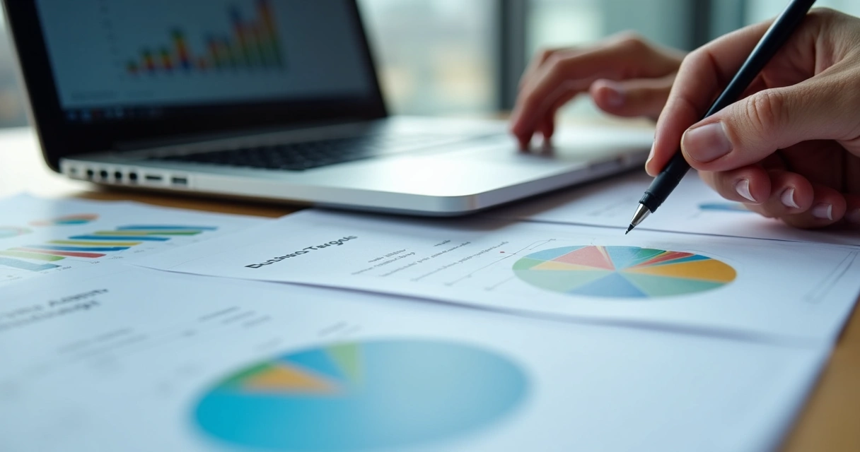 Notebook em mesa com gráficos e documentos sobre aquisição de empresas 