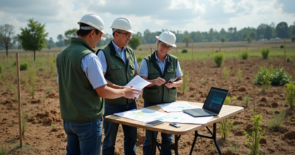 Equipe analisando área degradada com documentação e equipamentos de campo 