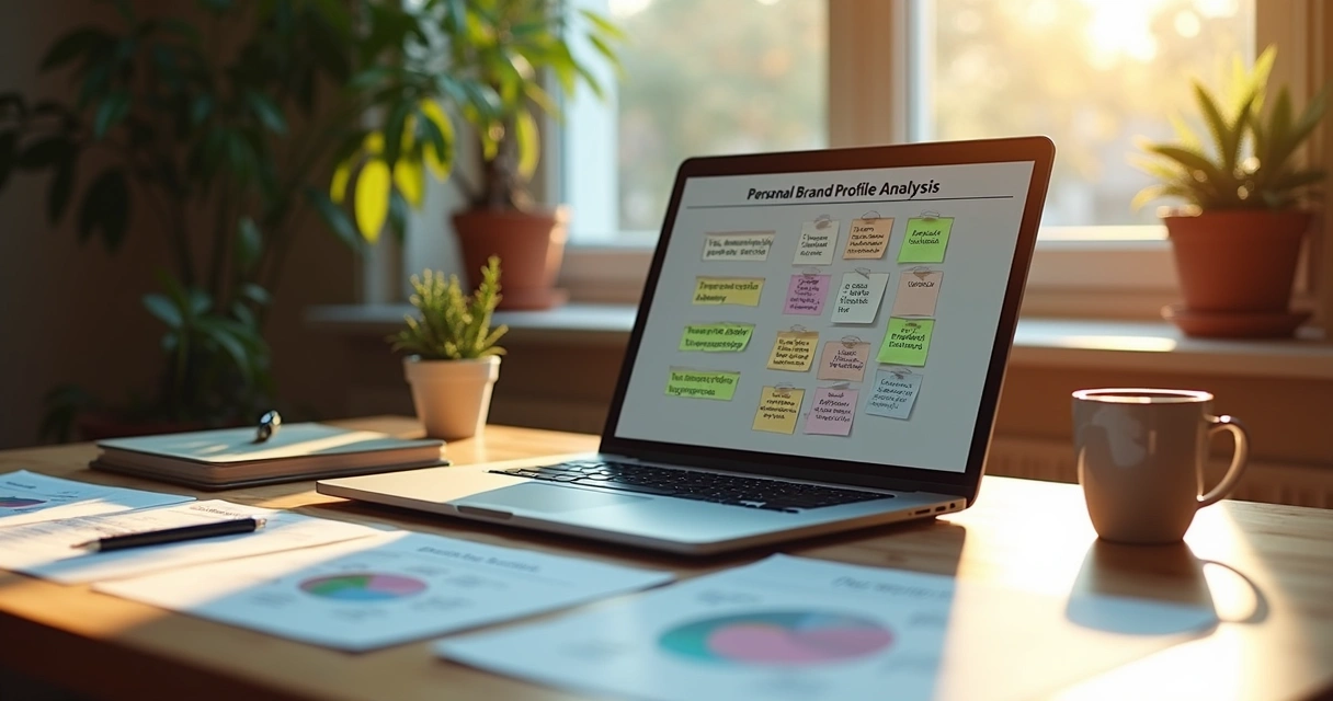 Mesa de trabalho com análise de perfil de marca pessoal 