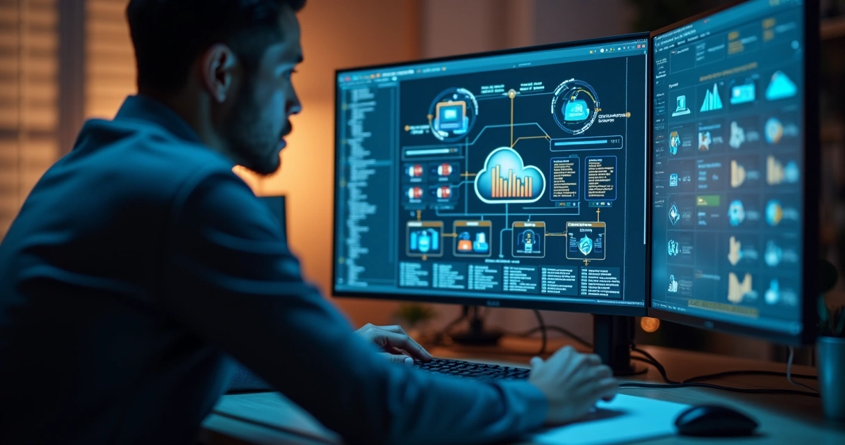 Profissional analisando arquitetura de nuvem AWS em tela de computador grande 