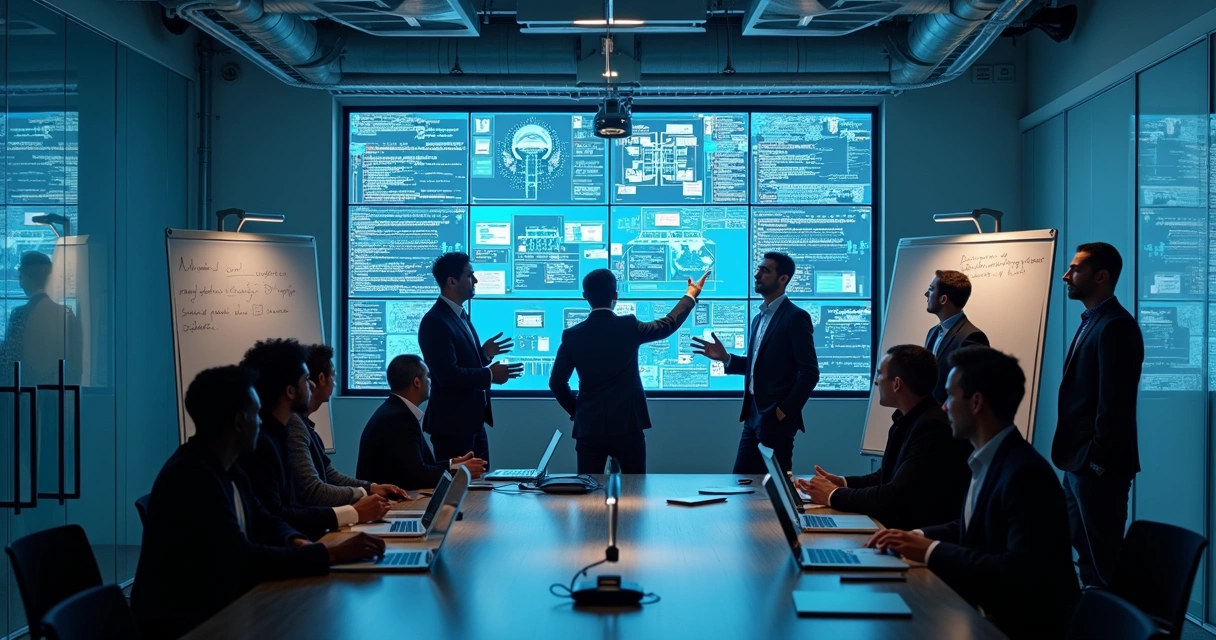 Equipe de TI analisando arquitetura de IA com diversos fluxos em monitores 