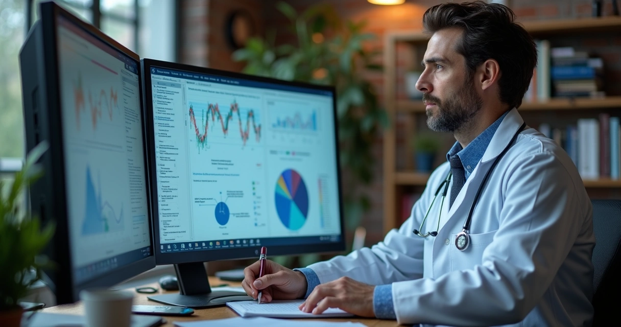 Médico analisando artigos científicos na tela do computador