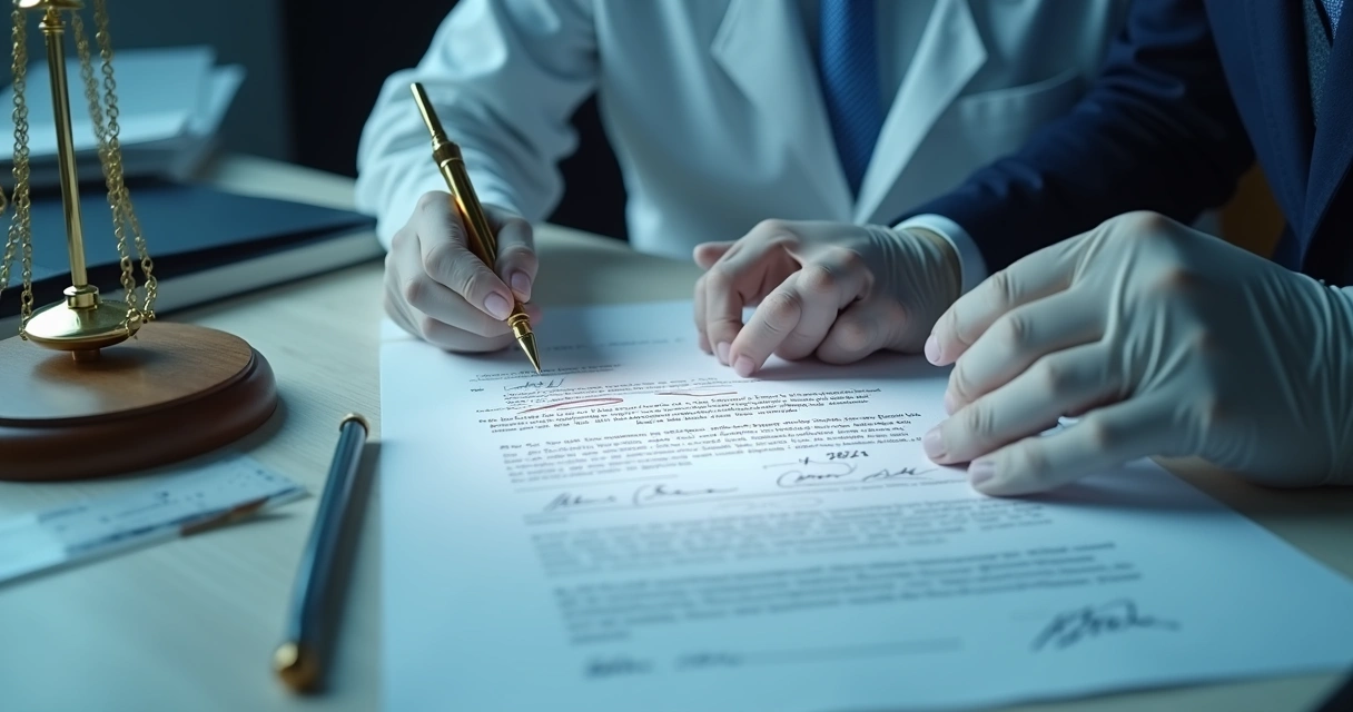 Perito examinando assinatura em contrato bancário com lupa e luz técnica 