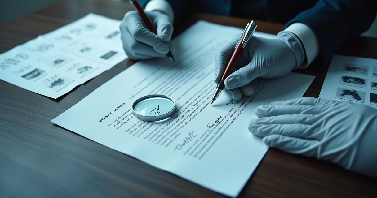 Lupa sobre assinatura e traços manuscritos em documento 