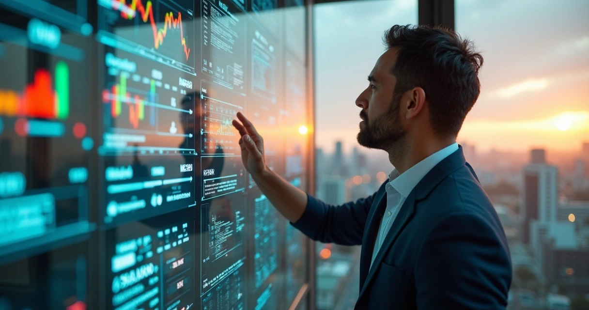 Homem analisando dados em painel digital com gráficos financeiros em ambiente corporativo brasileiro 