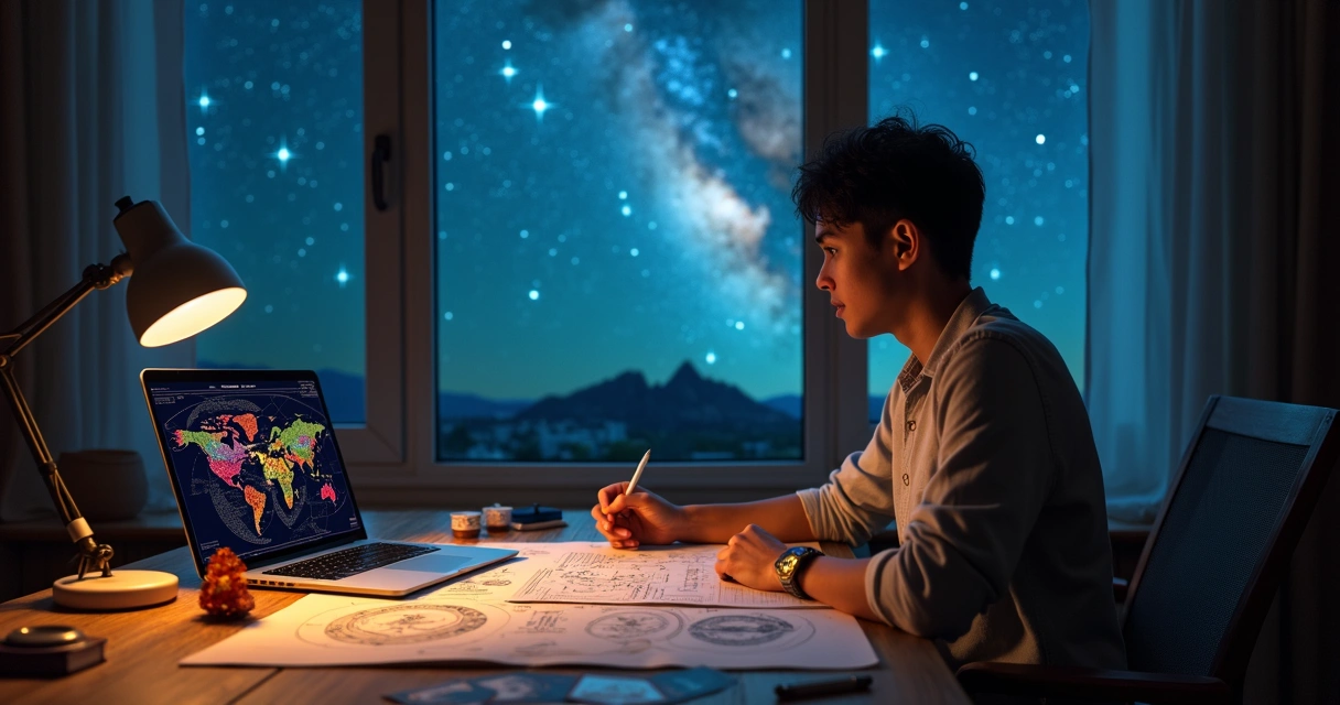 Pessoa analisando mapa astral detalhado com céu estrelado ao fundo 