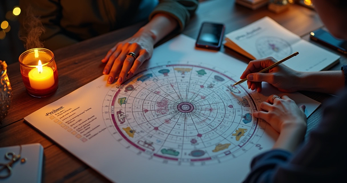 Mesa com mapa astral detalhado sendo analisado com anotações e luz suave 