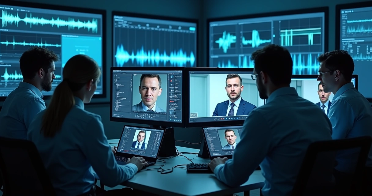 Equipe analisa vídeo e áudio em tela de computador 