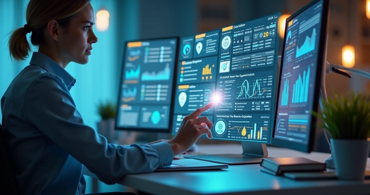 Pessoa analisando dados digitais de fornecedores em tela holográfica com gráficos e listas detalhadas 