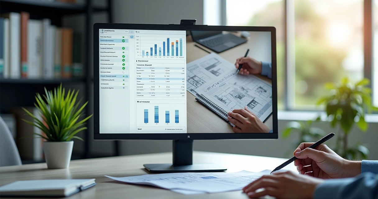 Computador com tela dividida mostrando análise automatizada de imóveis de um lado e avaliação manual com especialista do outro 